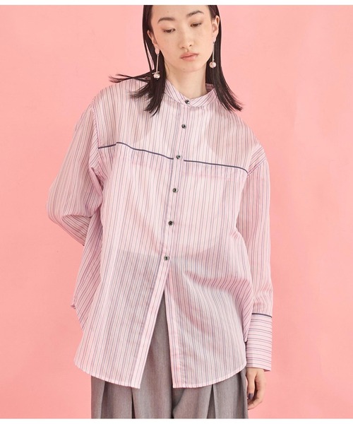 Settimissimo（セッティミッシモ）の「バンドカラー シアー ドビーストライプ 配色 シャツ（シャツ/ブラウス・レディース・ピンク/オフホワイト・FREE）」の2枚目の写真