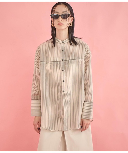 Settimissimo（セッティミッシモ）の「バンドカラー シアー ドビーストライプ 配色 シャツ（シャツ/ブラウス・レディース・ピンク/オフホワイト・FREE）」の3枚目の写真