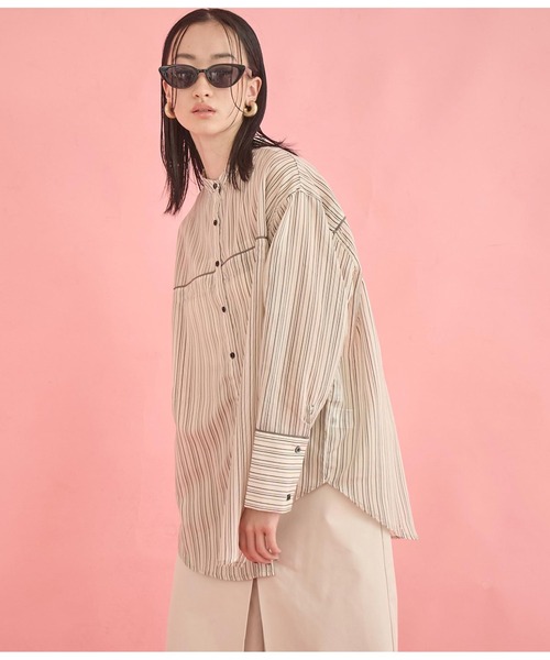 Settimissimo（セッティミッシモ）の「バンドカラー シアー ドビーストライプ 配色 シャツ（シャツ/ブラウス・レディース・ピンク/オフホワイト・FREE）」の4枚目の写真