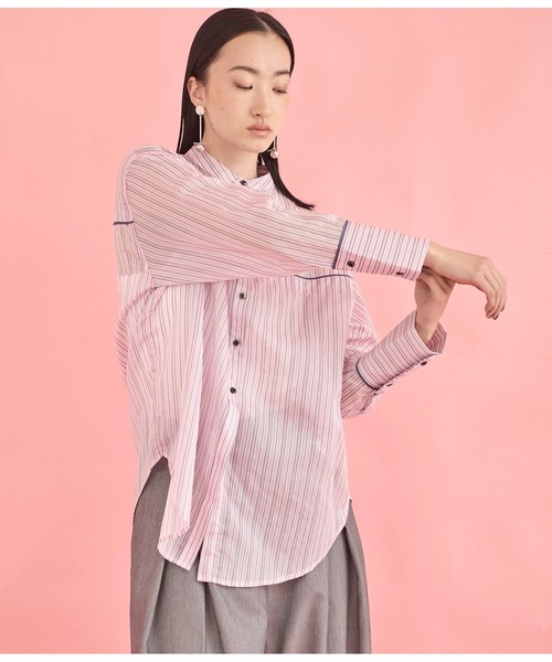 Settimissimo（セッティミッシモ）の「バンドカラー シアー ドビーストライプ 配色 シャツ（シャツ/ブラウス・レディース・ピンク/オフホワイト・FREE）」の12枚目の写真