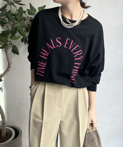 DouDou（ドゥドゥ）の「メッセージ前後2WAYTシャツ（Tシャツ/カットソー・レディース・ブラック/オフホワイト/チャコールグレー・FREE）」の19枚目の写真