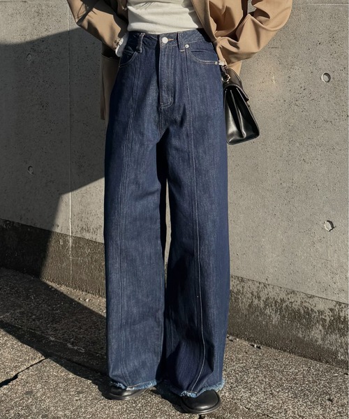 1chaku.（イッチャク）の「切替パターンワイドデニム（デニムパンツ・レディース・インディゴブルー/キナリ/ブラック・マルチサイズ）」の5枚目の写真