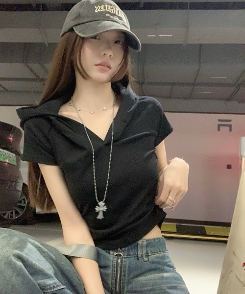 VIBGYOR(ヴィブジョー)の「【LAMPOON】スキッパーフードTシャツ(Tシャツ/カットソー・レディース・ブラック/グレー・MEDIUM/LARGE)」の5枚目の写真