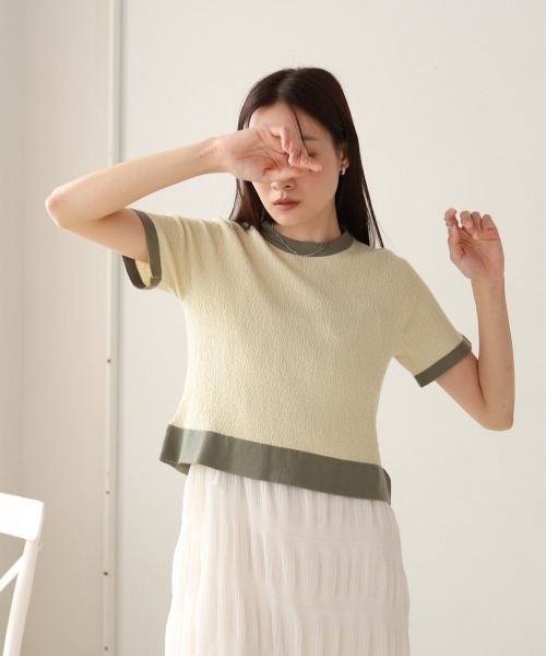 Bab(バブ)の「リンガーニットTシャツ(Tシャツ/カットソー・レディース・グリーン/アイボリー/ブラック・M)」の1枚目の写真