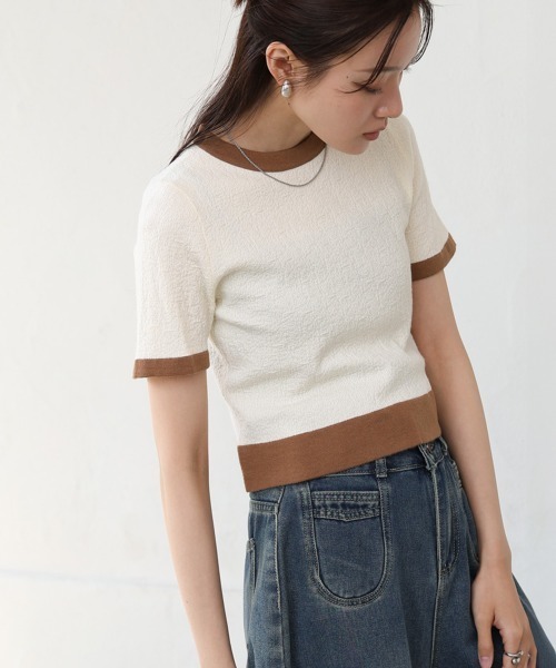 Bab(バブ)の「リンガーニットTシャツ(Tシャツ/カットソー・レディース・グリーン/アイボリー/ブラック・M)」の2枚目の写真