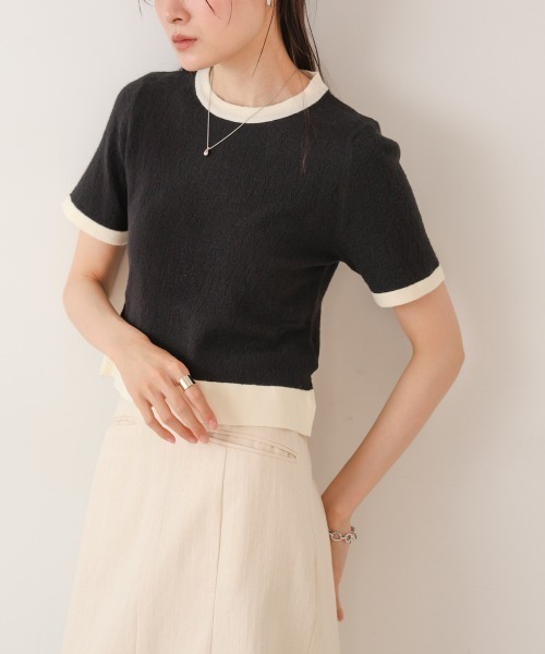 Bab(バブ)の「リンガーニットTシャツ(Tシャツ/カットソー・レディース・グリーン/アイボリー/ブラック・M)」の3枚目の写真