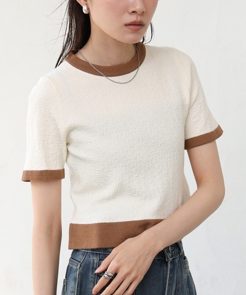 Bab(バブ)の「リンガーニットTシャツ(Tシャツ/カットソー・レディース・グリーン/アイボリー/ブラック・M)」の4枚目の写真