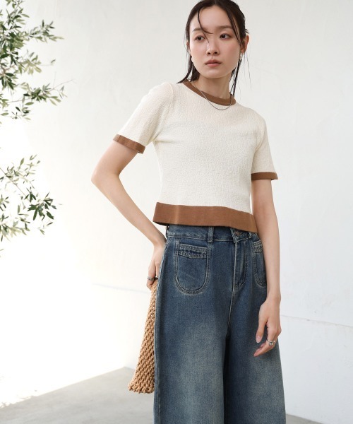 Bab(バブ)の「リンガーニットTシャツ(Tシャツ/カットソー・レディース・グリーン/アイボリー/ブラック・M)」の5枚目の写真