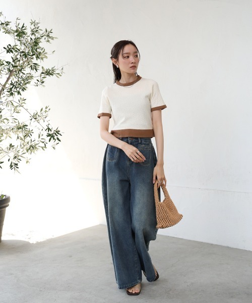 Bab(バブ)の「リンガーニットTシャツ(Tシャツ/カットソー・レディース・グリーン/アイボリー/ブラック・M)」の6枚目の写真