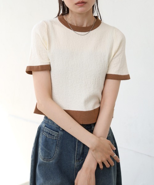Bab(バブ)の「リンガーニットTシャツ(Tシャツ/カットソー・レディース・グリーン/アイボリー/ブラック・M)」の7枚目の写真