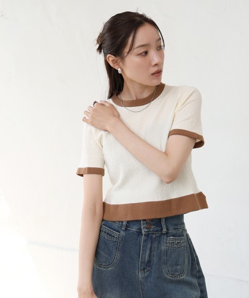 Bab(バブ)の「リンガーニットTシャツ(Tシャツ/カットソー・レディース・グリーン/アイボリー/ブラック・M)」の10枚目の写真