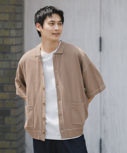 RAGEBLUE（レイジブルー）の「ハンドステッチ/ニットポロシャツカーディガン（カーディガン/ボレロ・メンズ・ブラック/オフホワイト/ベージュ/ブラウン・MEDIUM/LARGE/SMALL）」の4枚目の写真