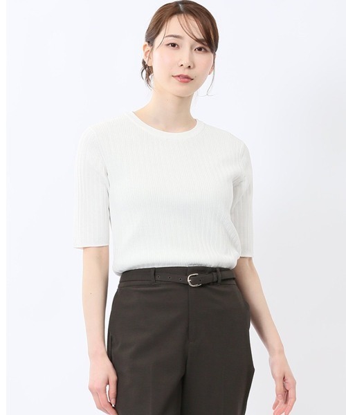 m.f.editorial（エムエフエディトリアル）の「【接触冷感 UVカット アンチピリング】m.f.エディトリアル レディース リブ クルーネック 半袖ウォッシャブルニット（ニット/セーター・レディース・レッド/ブラック/ホワイト・MEDIUM/LARGE）」の2枚目の写真