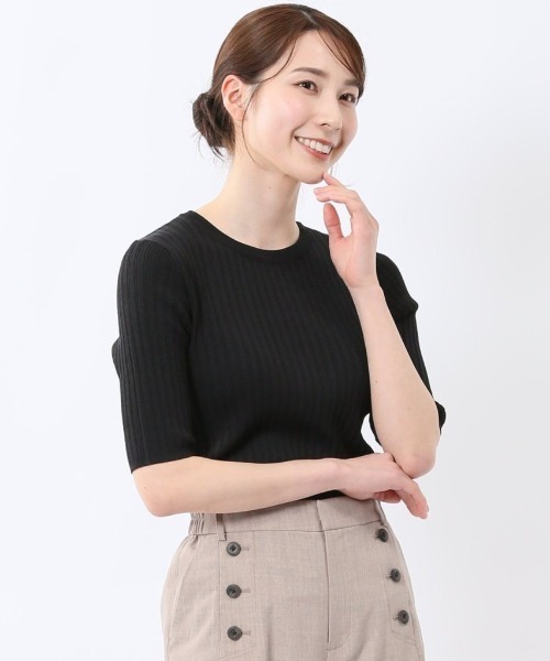 m.f.editorial（エムエフエディトリアル）の「【接触冷感 UVカット アンチピリング】m.f.エディトリアル レディース リブ クルーネック 半袖ウォッシャブルニット（ニット/セーター・レディース・レッド/ブラック/ホワイト・MEDIUM/LARGE）」の3枚目の写真