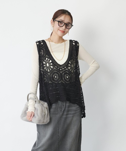 un dix cors（アンディコール）の「《大人の主役級レイヤード》クロシェ編みベスト（ベスト・レディース・アイボリー/ブラック/モカ・FREE）」の16枚目の写真