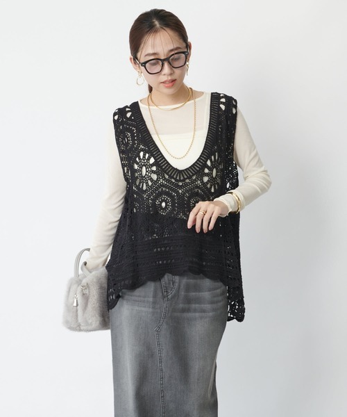 un dix cors（アンディコール）の「《大人の主役級レイヤード》クロシェ編みベスト（ベスト・レディース・アイボリー/ブラック/モカ・FREE）」の20枚目の写真