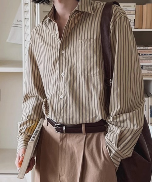 NOWLE(ノウル)の「【NOWLE】アースカラー ピンストライプ シャツ(シャツ/ブラウス・メンズ・ライトベージュ・MEDIUM/LARGE/X-LARGE)」の1枚目の写真