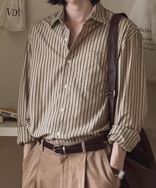 NOWLE(ノウル)の「【NOWLE】アースカラー ピンストライプ シャツ(シャツ/ブラウス・メンズ・ライトベージュ・MEDIUM/LARGE/X-LARGE)」の7枚目の写真