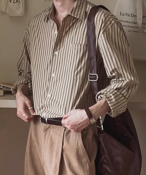 NOWLE(ノウル)の「【NOWLE】アースカラー ピンストライプ シャツ(シャツ/ブラウス・メンズ・ライトベージュ・MEDIUM/LARGE/X-LARGE)」の9枚目の写真