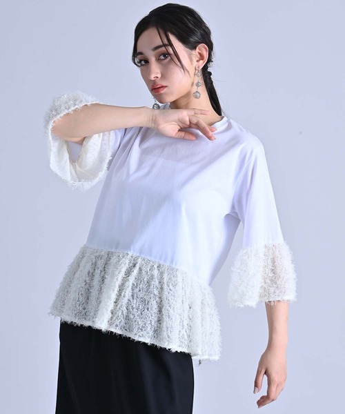 RAW FUDGE（ローファッジ）の「綿レーヨンシルケット×ジャガードプルオーバー（Tシャツ/カットソー・レディース・オフホワイト/ブラック・M）」の3枚目の写真