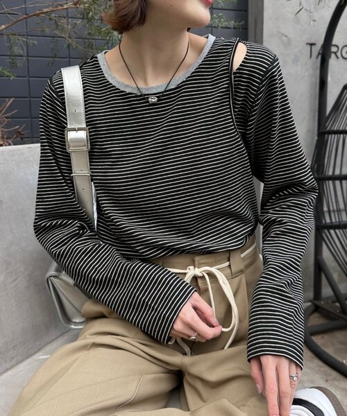 CIAOPANIC TYPY（チャオパニックティピー）の「【よちえ企画】韓国っぽボーダーアシメカットアウトTEE（Tシャツ/カットソー・レディース・サックスブルー/ブラック/オフホワイト・ONE SIZE）」の2枚目の写真