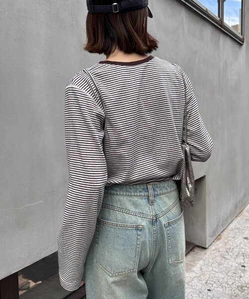 CIAOPANIC TYPY（チャオパニックティピー）の「【よちえ企画】韓国っぽボーダーアシメカットアウトTEE（Tシャツ/カットソー・レディース・サックスブルー/ブラック/オフホワイト・ONE SIZE）」の7枚目の写真