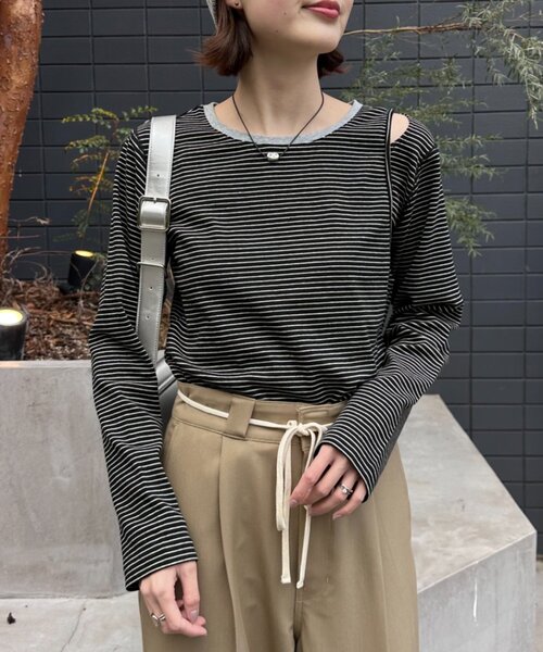 CIAOPANIC TYPY（チャオパニックティピー）の「【よちえ企画】韓国っぽボーダーアシメカットアウトTEE（Tシャツ/カットソー・レディース・サックスブルー/ブラック/オフホワイト・ONE SIZE）」の12枚目の写真