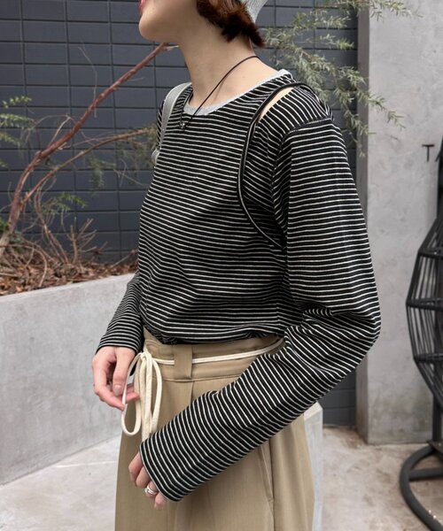 CIAOPANIC TYPY（チャオパニックティピー）の「【よちえ企画】韓国っぽボーダーアシメカットアウトTEE（Tシャツ/カットソー・レディース・サックスブルー/ブラック/オフホワイト・ONE SIZE）」の13枚目の写真