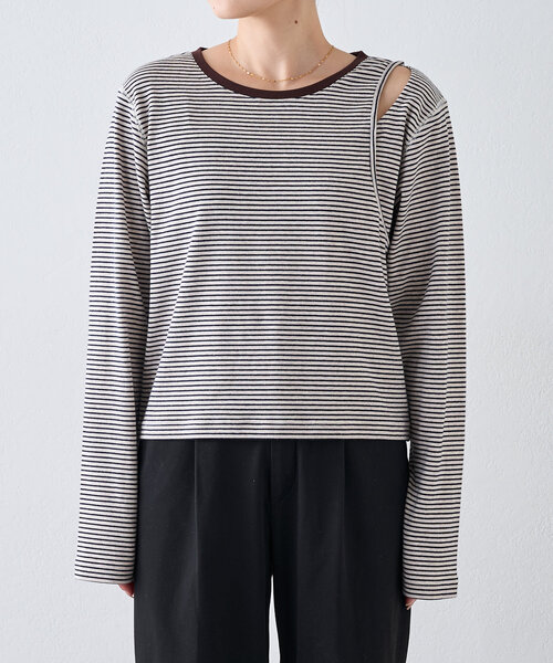 CIAOPANIC TYPY（チャオパニックティピー）の「【よちえ企画】韓国っぽボーダーアシメカットアウトTEE（Tシャツ/カットソー・レディース・サックスブルー/ブラック/オフホワイト・ONE SIZE）」の18枚目の写真