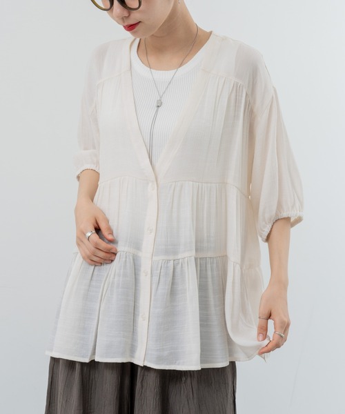 refinedworks（リファインドワークス）の「【refinedworks】大人可愛い ギャザーブラウス（シャツ/ブラウス・レディース・ブラウン/グリーン/アイボリー・FREE）」の2枚目の写真