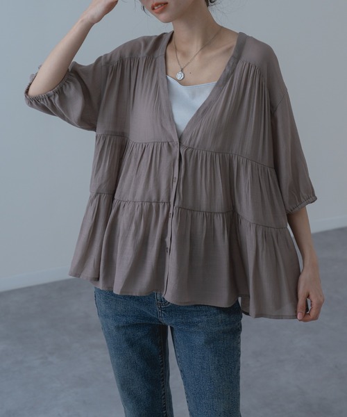 refinedworks（リファインドワークス）の「【refinedworks】大人可愛い ギャザーブラウス（シャツ/ブラウス・レディース・ブラウン/グリーン/アイボリー・FREE）」の4枚目の写真