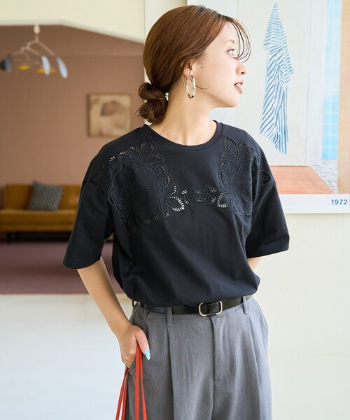 セール】限定展開 花柄 カットワーク 刺繍 ルーズ 半袖 Tシャツ（T