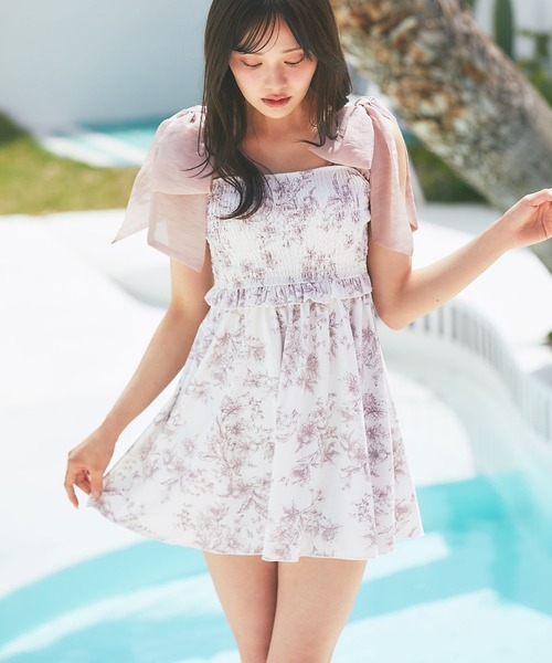 tocco closet シフォンリボンフラワープリントワンピース水着 インナーパンツ付きシフォンリボンフラワープリントワンピース