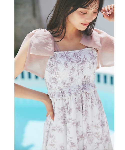 tocco closet シフォンリボンフラワープリントワンピース水着 インナーパンツ付きシフォンリボンフラワープリントワンピース水着