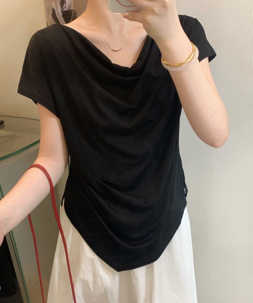 Lace Ladies(レースレディース)の「ドレープ サイドギャザー ニュアンス ヘム Tシャツ(Tシャツ/カットソー・レディース・ブラック/グレー/ホワイト・FREE)」の1枚目の写真