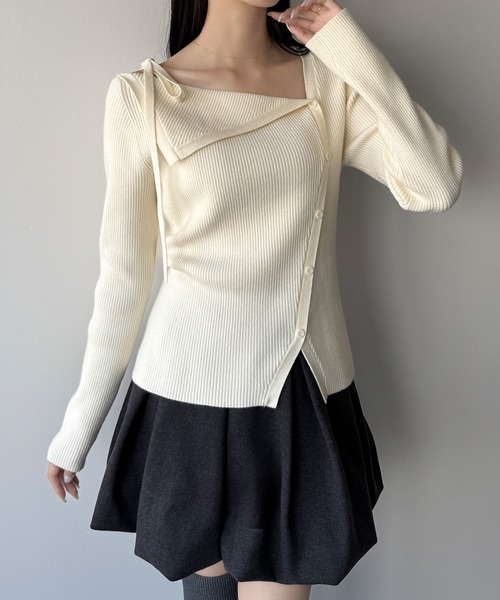 セール】ショルダーリボンアシンメトリーリブニット（ニット/セーター