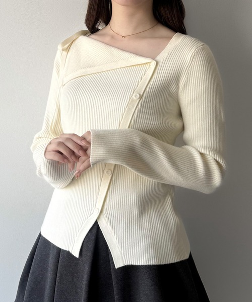 セール】ショルダーリボンアシンメトリーリブニット（ニット/セーター