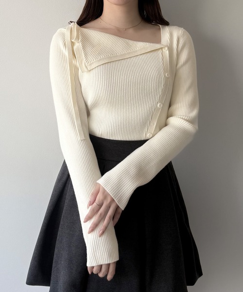 セール】ショルダーリボンアシンメトリーリブニット（ニット/セーター