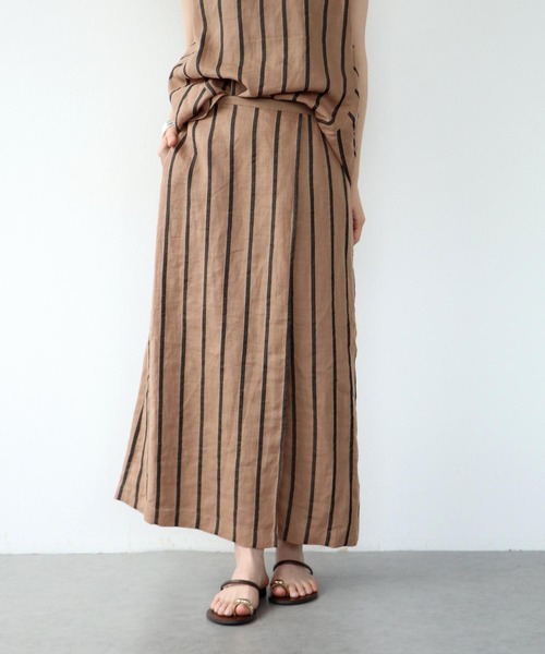 リネンストライプ ラップ風スカート【セットアップ可