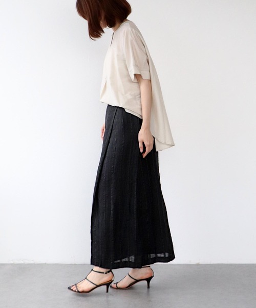 Jines（ジネス）の「リネンストライプ ラップ風スカート【セットアップ可】（スカート・レディース・ブラック/キャメル・38）」の3枚目の写真