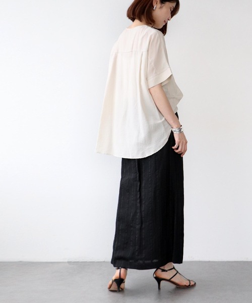 Jines（ジネス）の「リネンストライプ ラップ風スカート【セットアップ可】（スカート・レディース・ブラック/キャメル・38）」の5枚目の写真