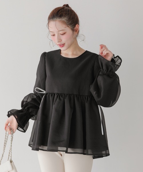 fitmore クリンクルシアーオーガンジーボリュームスリーブトップス　ブルー クリンクルシアーオーガンジーペプラムトップス【宅配便】 | Fit