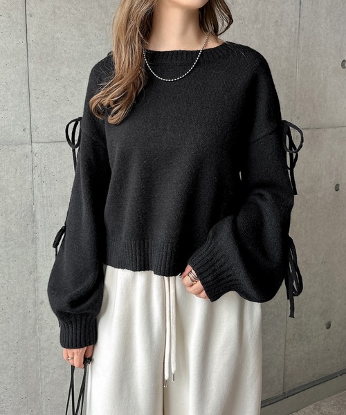セール】袖スリットリボン長袖ニットトップス（ニット/セーター