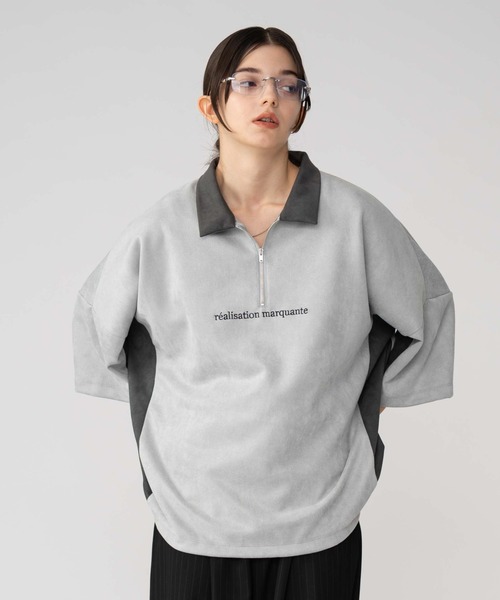 BROWNY（ブラウニー）の「BROWNY/【25年秋冬新作】フェイクスウェードドルマンハーフZIPT（Tシャツ/カットソー・メンズ・ブラウン/ライトグレー・MEDIUM/LARGE）」の2枚目の写真