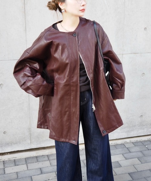 leather like no collar zip up coat /レザーライクノーカラージップ