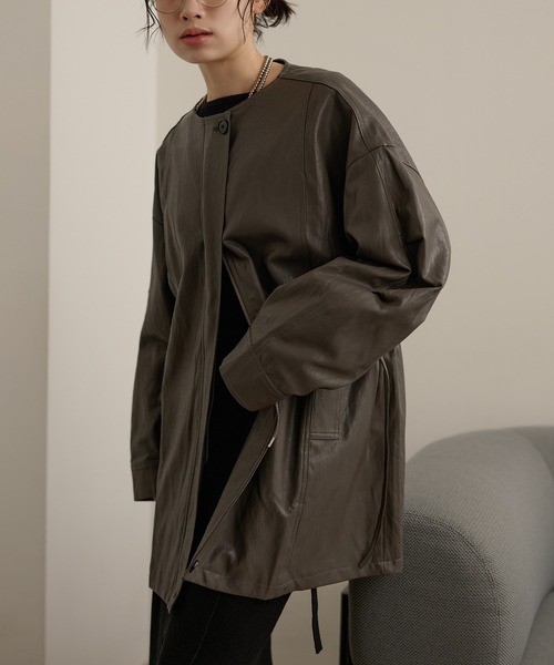 レザーライク ノーカラー ミドル コート leather like no collar zip up coat /レザーライクノーカラージップ
