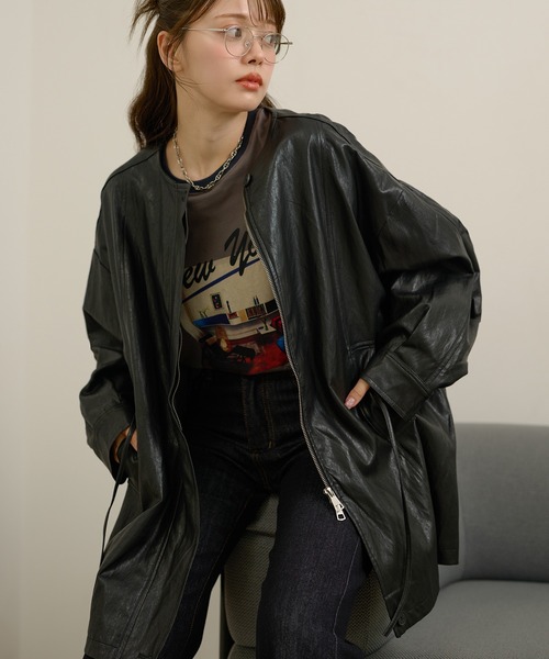 レザーライク ノーカラー ミドル コート leather like no collar zip up coat /レザーライクノーカラージップ