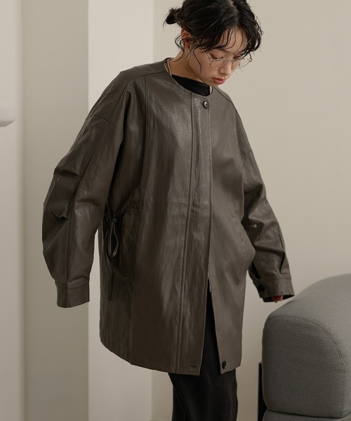 leather like no collar zip up coat /レザーライクノーカラージップ