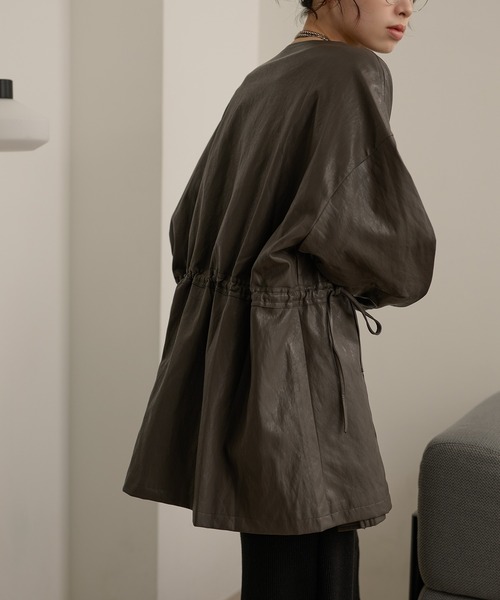 leather like no collar zip up coat /レザーライクノーカラージップ