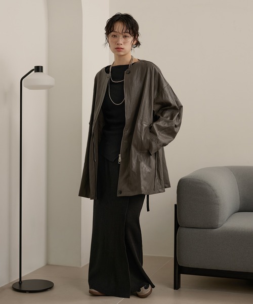 leather like no collar zip up coat /レザーライクノーカラージップ